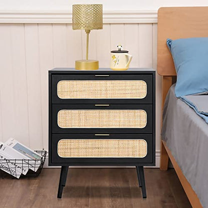 QHITTY Drawer Dresser Set of 2, Rattan Chest of Drawers with 3 Drawers Dresser, Accent Storage Cabinet Modern Bedside Table for Living Room, Bedroom, Entryway (Black) - WoodArtSupply