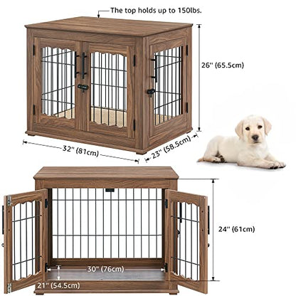 beeNbkks Furniture Style Dog Crate End Table, Double Doors Wooden Wire Dog Kennel with Pet Bed, Decorative Pet Crate Dog House Indoor Medium Large