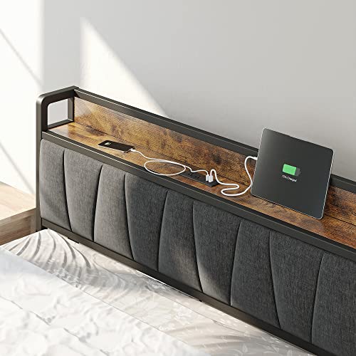 LIKIMIO Vintage Brown and Grey Queen Bed Frame with Storage Headboard and Charging Station LIKIMIO