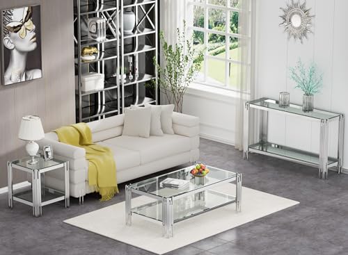 Goujxcy Modern Glass Console Table 55" Silver Entryway Table with Tempered Glass Top and Mirror Stainless Steel Legs,Luxury Rectangular Sofa Table for Living Room Hallway Corridor Table (Silver) Goujxcy