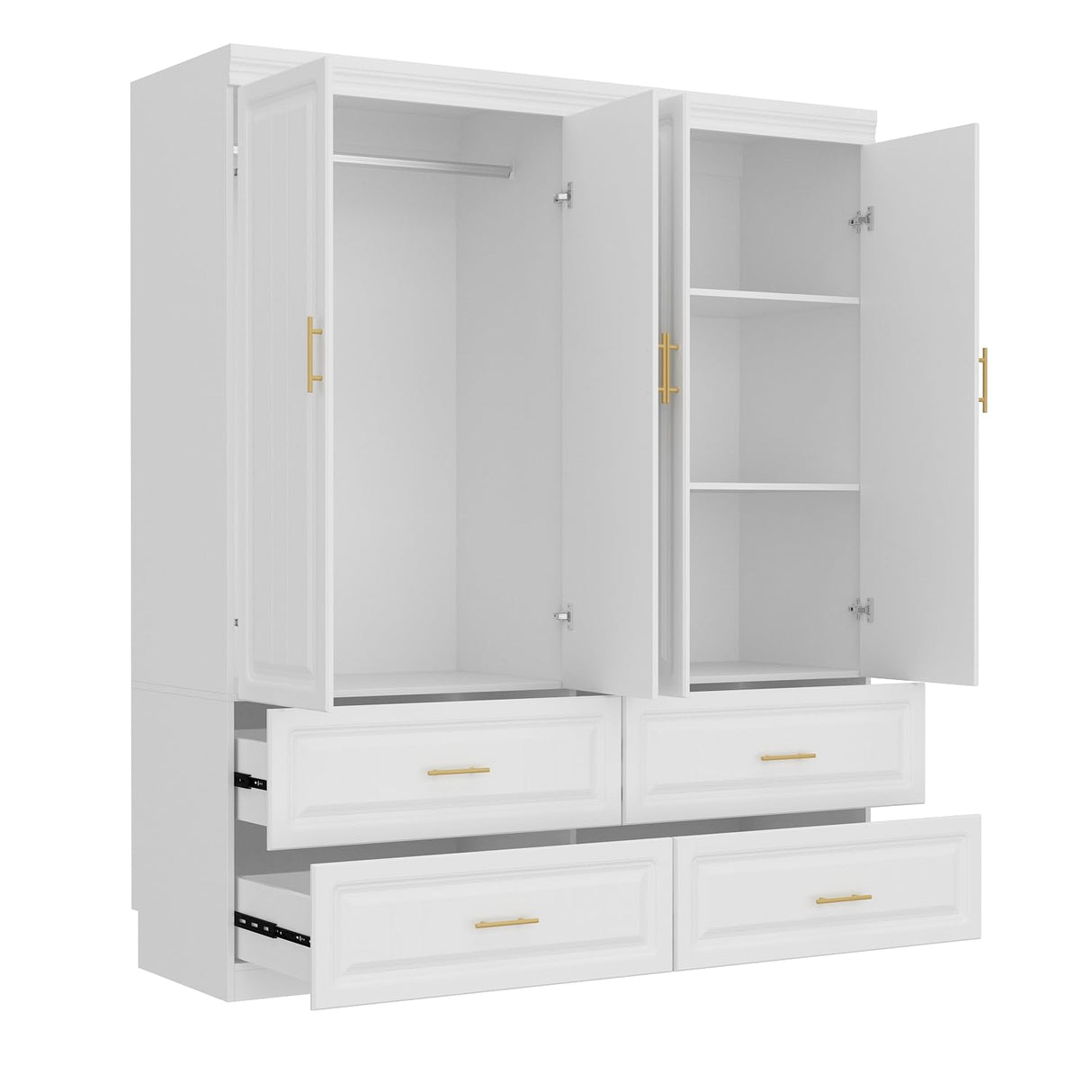 FUFU&GAGA Armoire Wardrobe Closet with 4 Doors, Wardrobe with Hanging Rod and 4 Drawers, Wardrobe Closet with Shelves, White FUFU&GAGA
