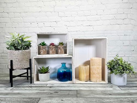 Admired By Nature Wooden Crates Storage Container, 3pc Farmhouse Style Decorative Baskets for Home Decor, Rustic Decor, Nesting Stackable Organizers, Distressed Wood Crates, Achromatic Barn Door White Admired By Nature