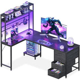 AODK L Shaped Gaming Desk with 4 Drawers, 59" Reversible Computer Desk with Hutch and Shelves, Gamer Desk with LED Lights, Power Outlets, Home Office Corner Desk with Gird Pegboard, Black AODK