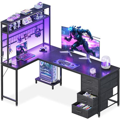 AODK L Shaped Gaming Desk with 4 Drawers, 59" Reversible Computer Desk with Hutch and Shelves, Gamer Desk with LED Lights, Power Outlets, Home Office Corner Desk with Gird Pegboard, Black