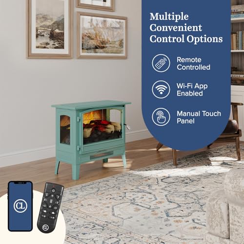 Country Living Infrared Freestanding Electric Fireplace Stove Heater in Mineral Blue | Multiple Flame Colors, Metal Design with Faux Wooden Logs | Alexa/WiFi Enabled, Remote Control Country Living