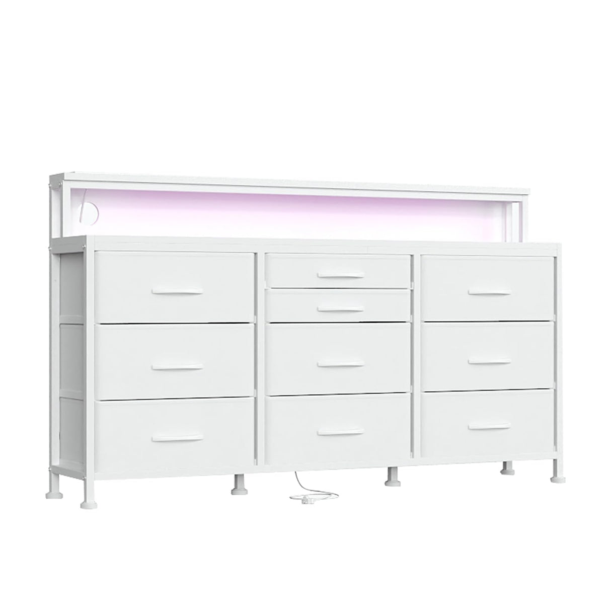 WODRAWER White Dresser for Bedroom with 10 Drawers, 55" W Long Dressers & Chests of Drawers with LED Lights & Power Outlets & Shelves, Fabric Dresser for Closet, Entryway WODRAWER