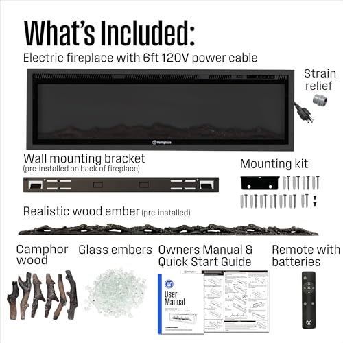 Westinghouse 60 Inch Electric Fireplace Heater, Compatible with Alexa & Google Home, Wall Mount or in-Wall Recessed Fireplace Insert, 24 Hour Timer, Color Changing Flames, 750W/1500W Indoor Heater Westinghouse