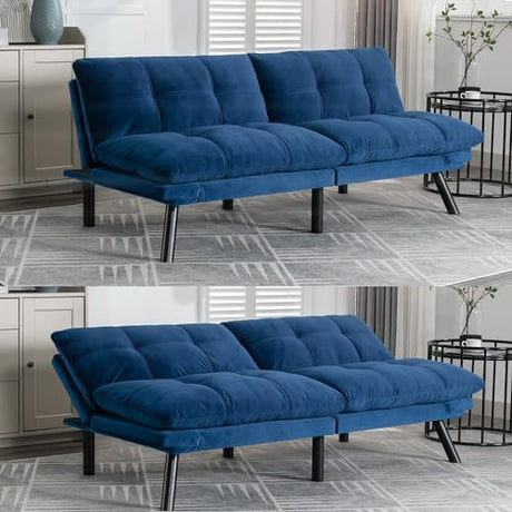 Modern Velvet Convertible Folding Futon Couch Sofa Bed Adjustable Pillow Top Arm Memory Foam Couch Double Loveseat Sofa for Compact Living Space,Dorm,Game Studio,Apartment,Bedroom (Navy Blue) Klwenas Maec