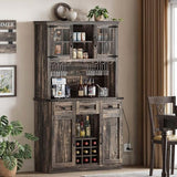 DWVO Coffee Bar Cabinet with Power Outlet/Lights, 72" Farmhouse Pantry Cabinet with Storage Shelves and 3 Drawers, Tall Liquor Cabinet Bar Cabinets for Home/Living Room, Dark Rustic Oak DWVO