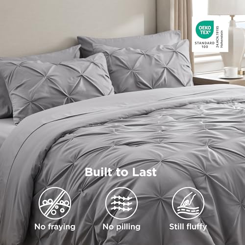 Bedsure King Size Comforter Set - Bedding Sets King 7 Pieces, Pintuck Bed in a Bag Grey Bed Set with Comforter, Sheets, Pillowcases & Shams Bedsure