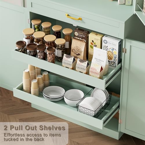 HQZX 71’’ Tall Kitchen Pantry Cabinet, Pantry Storage Cabinet with 6 Doors Shelves, Large Drawer & 2 Pull Out Shelves, Freestanding Cupboard for Kitchen, Dining Room, Green HQZX