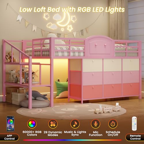 VIAGDO Low Loft Bed Twin Size with 9 Storage Drawers and LED Lights, Metal Twin Loft Bed with Stairway Shelf Storage, Low Loft Bed with Safety Guardrail and Under-Bed Hideaway for Kids, Pink VIAGDO