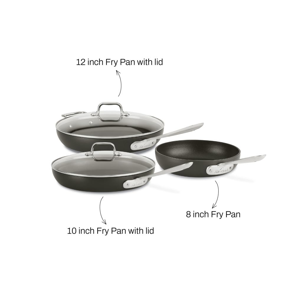 All-Clad HA1 Hard Anodized Non Stick Fry Pan Set 3 Piece, 8, 10, 12 Inch Frying Pans w/ Lid, Induction, Oven Broiler Safe 500F, Lid Safe 350F, Skillets, Pots and Pans Set Non Stick, Cookware, Black All-Clad