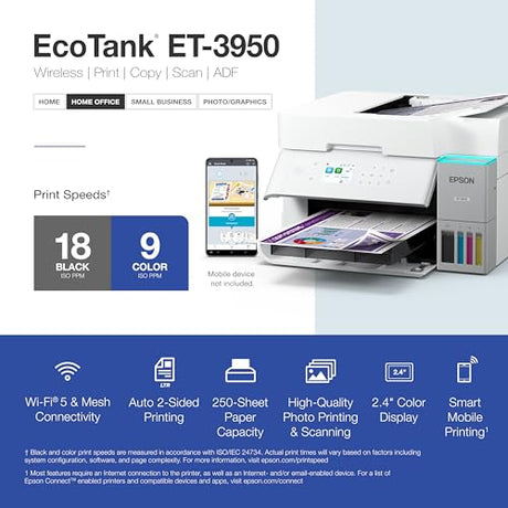 Epson EcoTank ET-3950 Wireless All-in-One Color Supertank Printer with up to 3 Years of Ink Refillable Tanks, Perfect for Home Office, 18 PPM, 2.4" Colorful Touchscreen, Auto Document Feeder - White Epson