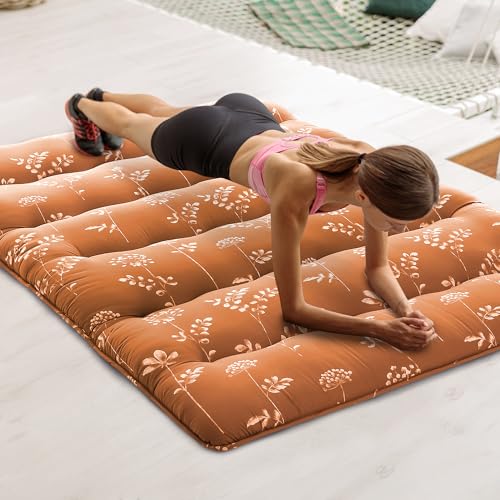 STMHOM Thick Japanese Floor Mattress for Guest & Camping, Foldable Futon Floor Mattress, Roll Up Tatami Mat Sleeping Pad, Portable Floor Lounger Bed for Dormitory & Travel, Wave-Flowers Brick Red STMHOM