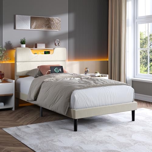OURPIC Twin Bed Frames for Kids, Twin Size Bed Frames with Upholstered Headboard, Modern Platform Bed with Charging Station and Led Lights, Sturdy Wooden Slats OURPIC