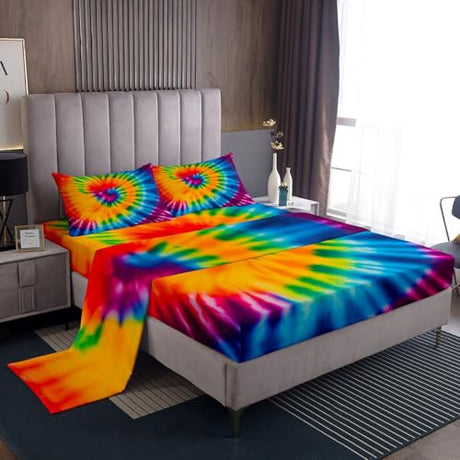 Feelyou Tie Dye Sheet Set King Size Kids Girls Boho Trippy Swirl Bed Sheets Set Ultra Soft Bright Colorful Rainbow Bedding Set Women Teens Bedroom Decor Bohemian Gypsy Sheets, Luxury Microfiber Feelyou