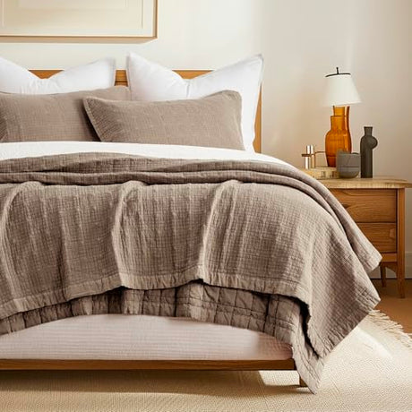 EVERGRACEHOME Stonewashed Cotton Quilt Set Full Queen Size, Ultra Soft Oversized Bedspread Coverlet Set, Lightweight Crinkle Box Stitch Bedding Sets for All Season, with 2 Shams, Mocha Brown EVERGRACEHOME