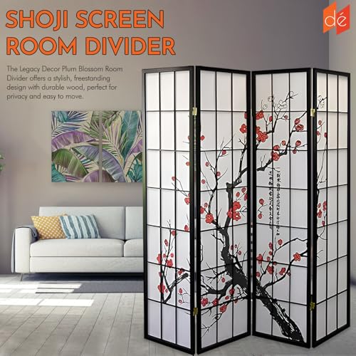 Legacy Decor 4-Panel Blossom Screen - Portable, Foldable Shoji Style Room Divider - Plum Blossom, Freestanding Room Privacy Dressing Screen - Temporary Wall Partition for Home, Office & Studio - Black Legacy Decor