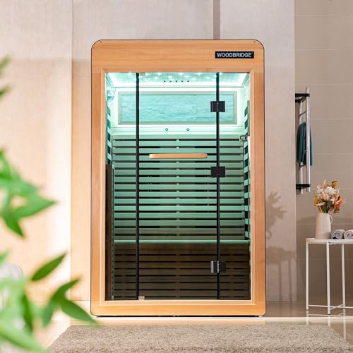 WOODBRIDGE Infrared Home Sauna Room 2 Person Hemlock Wooden Indoor Sauna,7 Carbon 2230W/120V Heaters,with Led Color Therapy Light,Bluetooth Speaker,Tempered Glass,Touch-Tone Keypad and A Top Vent WOODBRIDGE