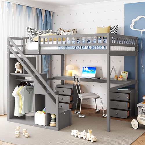 Bellemave Full Loft Bed with Stairs and Shelves, Wood Loft Bed with Two Chest of Drawers, Wardrobe, LED for Kids, Teens, Adults, Gray Bellemave