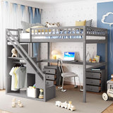 Bellemave Full Loft Bed with Stairs and Shelves, Wood Loft Bed with Two Chest of Drawers, Wardrobe, LED for Kids, Teens, Adults, Gray Bellemave