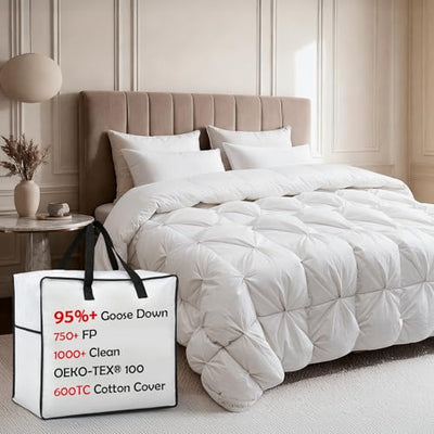 Gjzawayk Premium Goose Down Comforter King Size, 95% Goose Down, 750 Super Fill Power, 53oz Down Fill Weight,Breathable 100% Cotton, All Season Cloud Fluffy Duvet Insert,90"x100"
