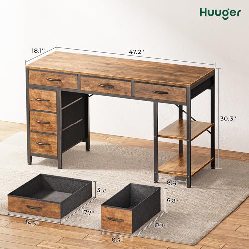 Huuger Computer Desk with 6 Drawers, 47 Inch Office Desk with Shelves, Reversible Gaming Desk, Corner Desk with Storage, Work Desk for Home Office, Study, Living Room, Rustic Brown Huuger
