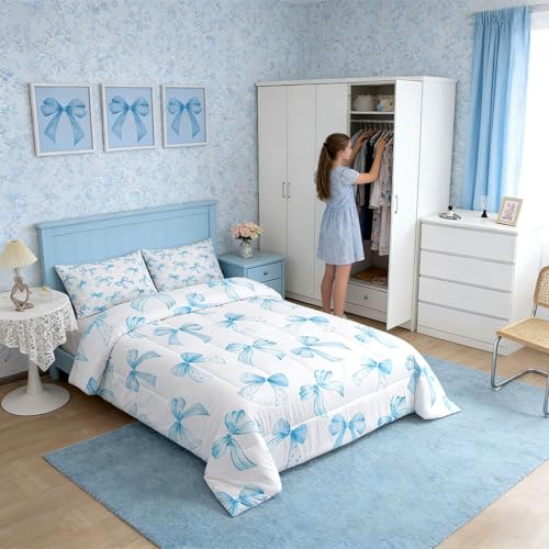 Feelyou Sky Blue Bow Bedding Set for Kids Boys Girls Twin Size Cute Dreamy Princess Style Comforter Set Ultra Soft Bow Pattern Comforter Sky Blue Bowknot Duvet Quilt Bedroom Decor Bow Quilt Feelyou
