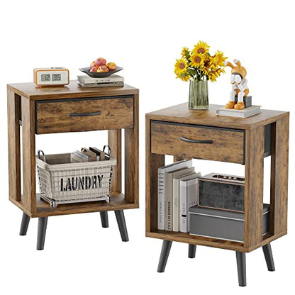 GYIIYUO Nightstand Set of 2 with Fabric Drawers and Open Shelves - Rustic Bedroom Side Tables - WoodArtSupply