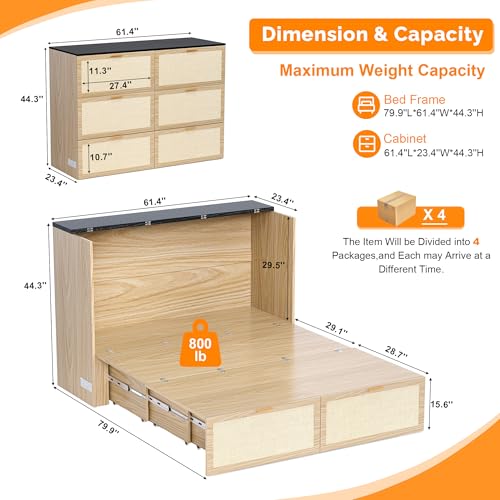 VINGLI Queen Size Rattan Murphy Bed with Storage Drawer, Space-Saving Cabinet Bed for Kids,Adults & Guests,Warm Off-White VINGLI