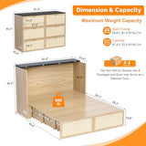 VINGLI Queen Size Rattan Murphy Bed with Storage Drawer, Space-Saving Cabinet Bed for Kids,Adults & Guests,Warm Off-White VINGLI