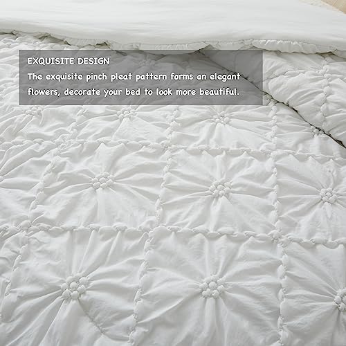 BEDAZZLED Queen Size Comforter Sets, White Bedding Comforter Set, 3 Pieces Pinch Pleat Bedding Sets with Comforter and Pillowcases Soft Farmhouse Shabby Chic Comforter for All Season BEDAZZLED