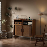Record Player Stand with Vinyl Storage, Mid Century Modern Vinyl Storage Cabinet with Power Outlet and Sliding Doors, Turntable Stand Table Holds Up to 350 Albums for Living Room (walnut, 31.5"W) tauxkoi