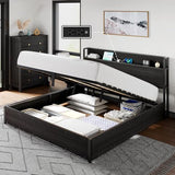 AMERLIFE King Size Lift Up Storage Bed Frame, Wooden Platform Bed Frame with Lifting Storage & Charging Station, No Spring Box Needed/Noise Free, Black AMERLIFE