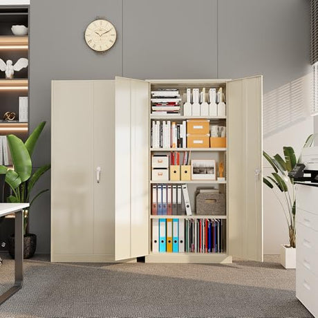 Superday Metal Storage Cabinet with Lock, 72" H Garage Storage Cabinet with Doors and 4 Adjustable Shelves,Putty Steel Locking Cabinets for Office, Home, Garage, Gym, School Superday