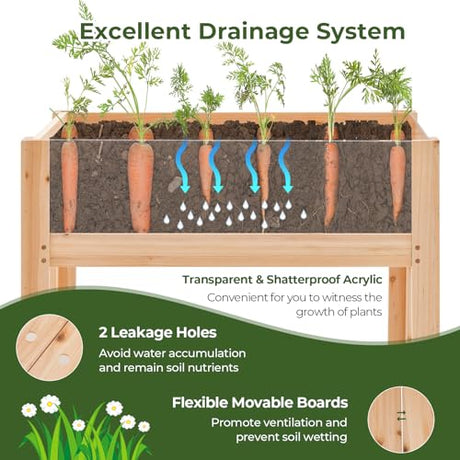 Giantex Raised Garden Bed, Elevated Wood Planter Box with Legs, Drainage Holes, Acrylic Panels, Standing Raised Beds for Fruits Vegetables Flowers Herbs, 30”x18”x24” Giantex