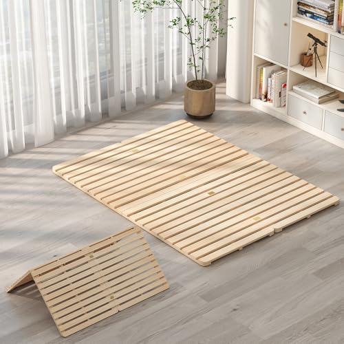 DoCred Solid Pine Wood Foldable Slatted Bed, Japanese Floor Bed Frame Moisture-Proof, Beds Plate for Japanese Floor Futon Mattress, Guest Tatami Mat, Floor Sleep Bedding, Queen DoCred