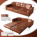 LuxyHoom 92.1'' Pull Out Sofa Bed King, Faux Leather Futon Couch, 3-in-1 Convertible Sleeper Sofa with Tufted Back, Gold Furniture Legs, Deep Loveseat for Living Room, Apartment, Office, Light Brown LuxyHoom
