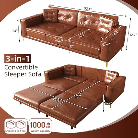 LuxyHoom 92.1'' Pull Out Sofa Bed King, Faux Leather Futon Couch, 3-in-1 Convertible Sleeper Sofa with Tufted Back, Gold Furniture Legs, Deep Loveseat for Living Room, Apartment, Office, Light Brown LuxyHoom