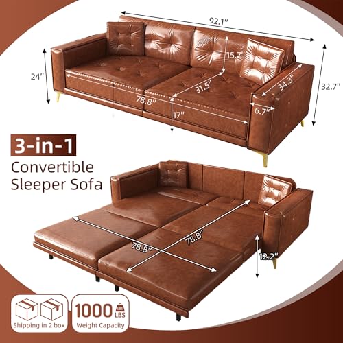 Tabaray 92.1'' King Pull Out Sofa Bed, Convertible Futon Couch, 3-in-1 Faux Leather Sleeper Sofa with Tufted Back, 2 Pillows, Gold Legs, Deep Folding Loveseat for Living Room, Apartment, Light Brown Tabaray