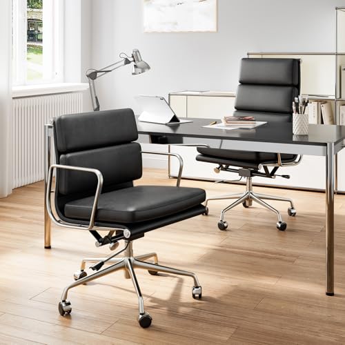 Aekinsly Top Grain Leather Mid-Back Executive Office Chair, Ergonomic Desk Chair with Aluminum Alloy Frame & 5-Star Base, Thick Plush Cushion, Lumbar Support Swivel Chair for Home Office Aekinsly