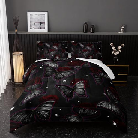 Black Butterfly Comforter Sets Twin Size, Black Butterfly Flowers 3D Animal Pattern Kids Bedding Sets for Girls Teens 3 Piece Bedroom Decor Comforter with 2 Pillowcases Nttopship