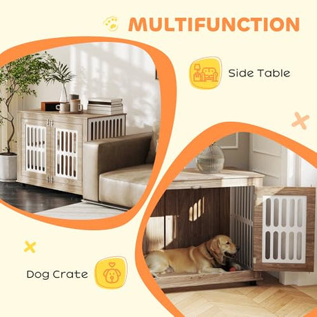 PawHut Dog Crate Furniture, 39" Dog Kennel Side Table with 2 Doors, Adjustable Non-Slip Foot Mats, Decorative Pet Cage for Large Dogs, Walnut Brown PawHut