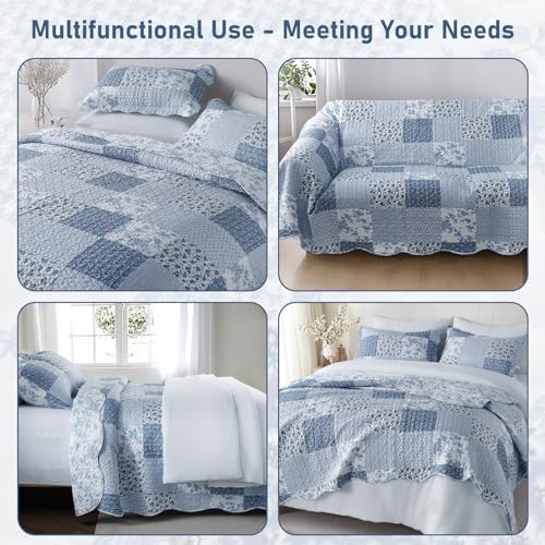 GOONE King Quilt Set 104x90 Inches, Blue Floral Boho Bedspread Farmhouse Quilting Bedding Set, Lightweight Washed Coverlet Set, Reversible Bed Cover, Quilt King Size with 2 Pillow Shams All-Season GOONE