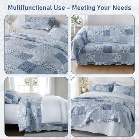 GOONE King Quilt Set 104x90 Inches, Blue Floral Boho Bedspread Farmhouse Quilting Bedding Set, Lightweight Washed Coverlet Set, Reversible Bed Cover, Quilt King Size with 2 Pillow Shams All-Season GOONE