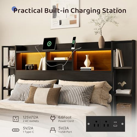 BRELTAM King Size Bed Frame with 4 Storage Drawers and Headboard Featuring Shelf Storage, Wooden Platform Bed Frame with LED Lights and Charging Station, Easy Assembly/No Box Spring Needed/Black BRELTAM