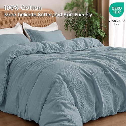 PHF 100% Natural Cotton Muslin Duvet Cover Set King Size, Ultra Soft Breathable Absorbent, Luxurious Minimalist Gauze Bedding for All Season, Duvet Set with 2 Pillow Shams, 104" x 90", Dusty Blue PHF