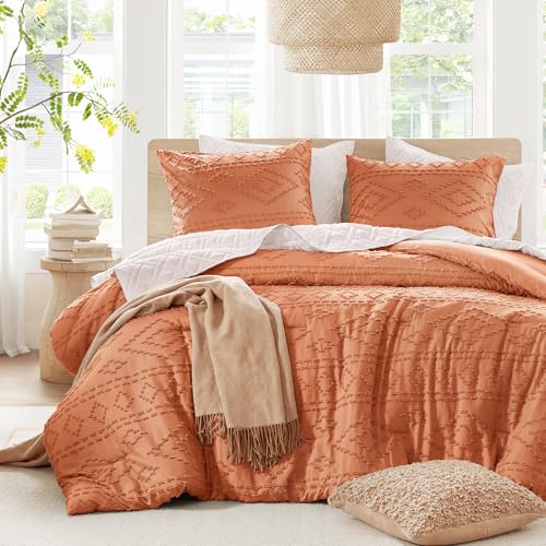 Comfort Spaces Comforter for Queen Size Bed, Geometric Diamond Tufted Boho Comforter Set Queen, All Season Lightweight Bedding Set, Matching Sham, Full/Queen Terracotta 3 Piece Comfort Spaces