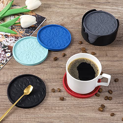 ME.FAN Silicone Coasters [6 Pack] Coasters with Holder - Drinking Coasters - Cup Mat for Drinks - Live for Hot or Cold Drink Thickened, Non-Slip, Non-stick, Deep Tray Black ME.FAN